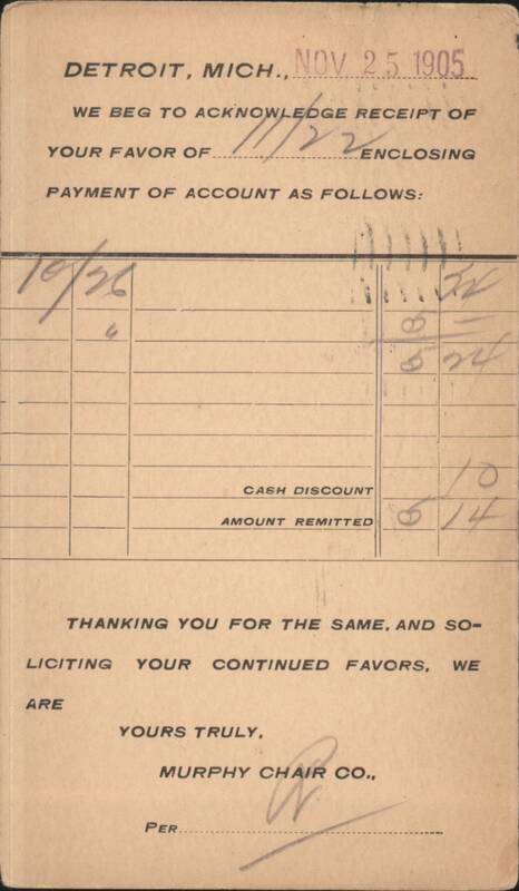 Murphy Chair Co. Payment Acknowledgment Detroit MI 1905 Michigan