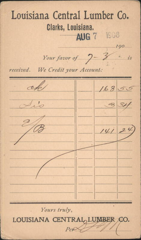 Louisiana Central Lumber Co. Credit Memo, Clarks, LA, 1908