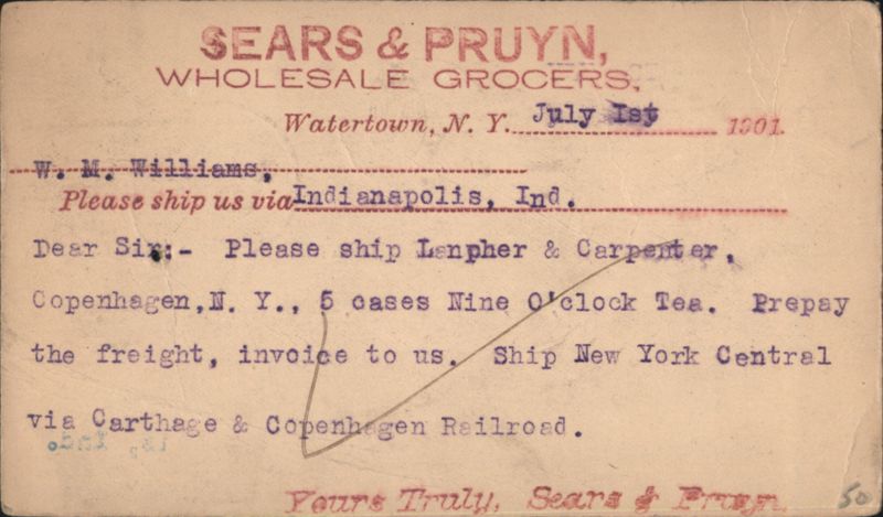 Sears & Pruyn Wholesale Grocers Order for Nine O'clock Tea 1901 Watertown New York