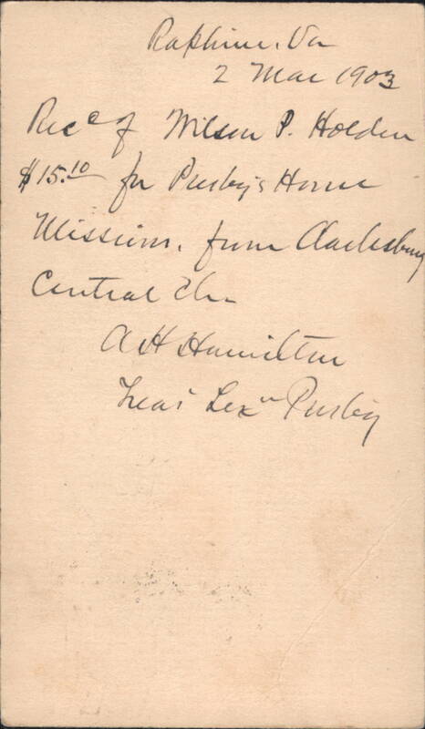 Receipt for Purley's Home Mission Donation from Clarksburg Central Church