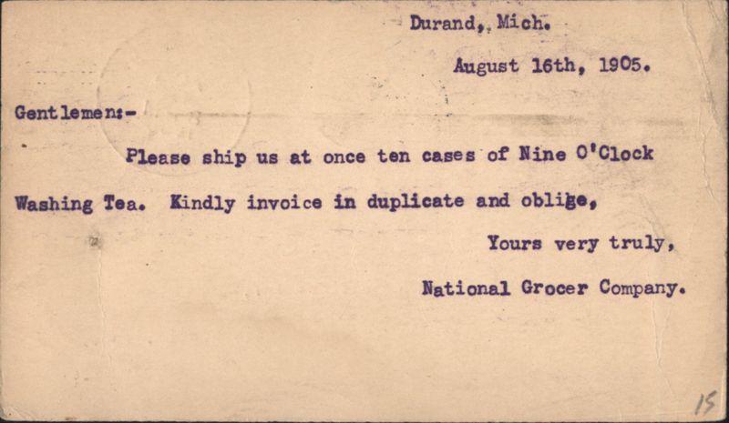 National Grocer Company Order for Nine O'Clock Washing Tea Durand Michigan