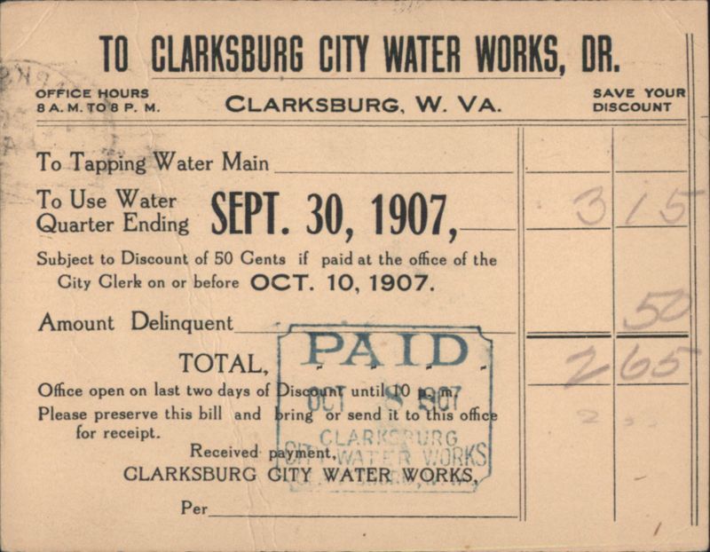 Clarksburg City Water Works Bill for Water Service, September 1907 West Virginia