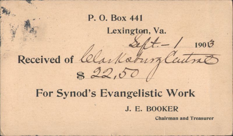 Receipt for Synod's Evangelistic Work from Clarksburg Central, Lexington, VA 1903