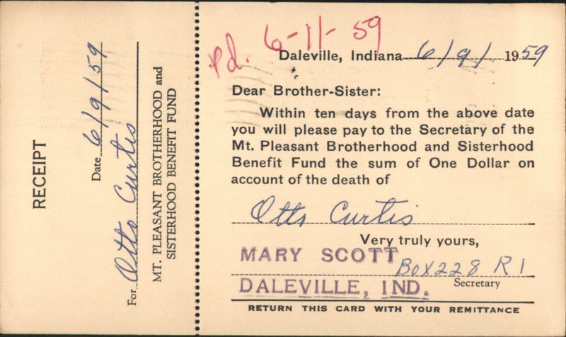 Mt. Pleasant Brotherhood and Sisterhood Benefit Fund Death Notice, Daleville IN Indiana