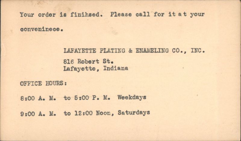 LAFAYETTE PLATING & ENAMELING CO., INC. Order Ready Notification Indiana