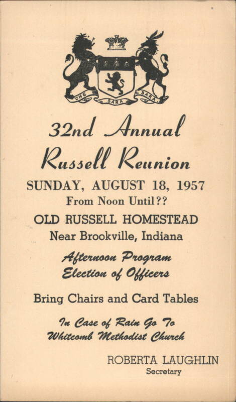 32nd Annual Russell Reunion Announcement with Family Crest Brookville Indiana