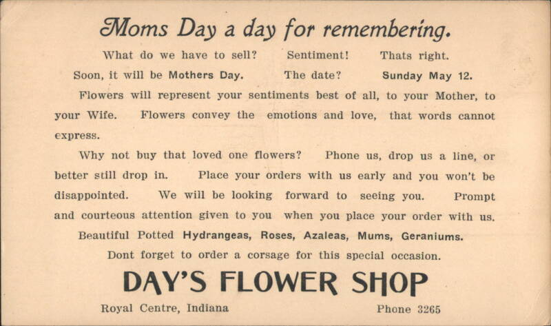 Moms Day Flowers Advertisement, Day's Flower Shop, Royal Centre, Indiana