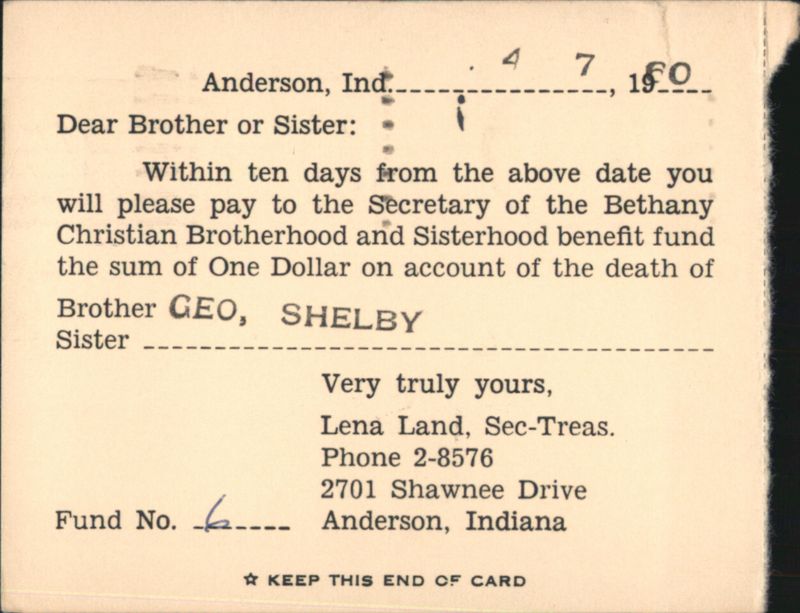 Bethany Christian Brotherhood & Sisterhood Death Benefit Notice, Anderson IN 1960 Indiana