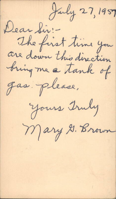Handwritten Request for Gas to Royal Hardware, Royal Center, IN Indiana