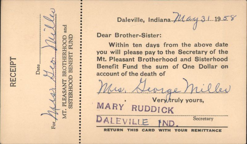 Mt. Pleasant Brotherhood and Sisterhood Benefit Fund Death Notice, Daleville, IN Indiana