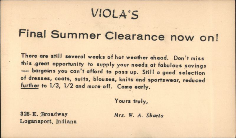 VIOLA'S Final Summer Clearance Logansport IN Dresses Coats Suits Indiana