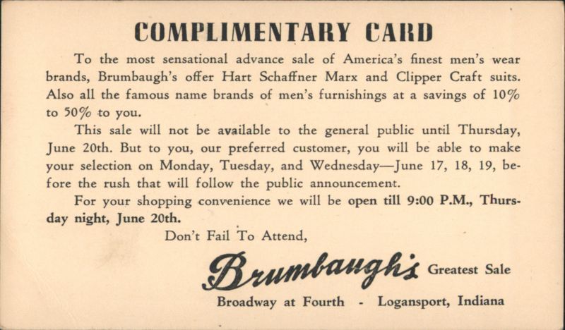 Brumbaugh's Greatest Sale, Hart Schaffner Marx, Clipper Craft Suits Logansport Indiana