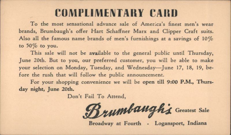 Brumbaugh's Men's Wear Advance Sale, Hart Schaffner Marx, Logansport IN Indiana