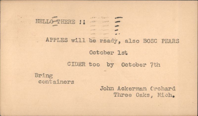 John Ackerman Orchard Advertisement for Apples, Bosc Pears, and Cider Three Oaks Michigan