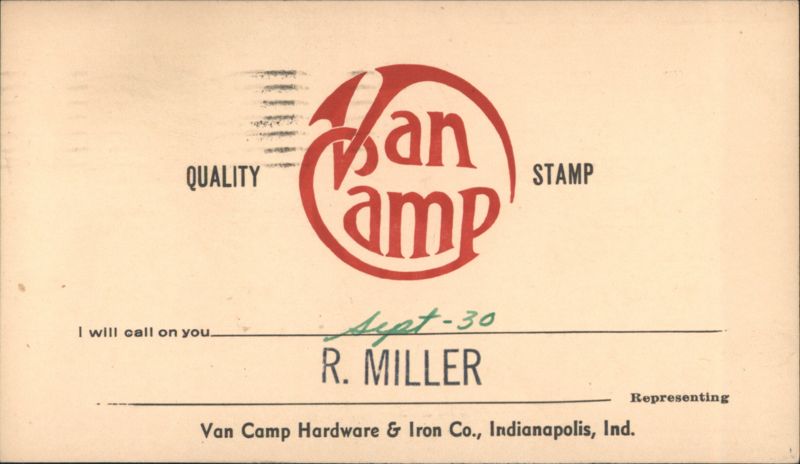 Van Camp Hardware & Iron Co. Advertising Card with R. Miller Note Indianapolis
