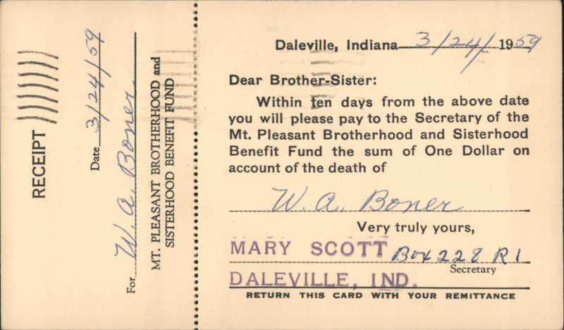 Mt. Pleasant Brotherhood and Sisterhood Benefit Fund Death Notice Daleville Indiana