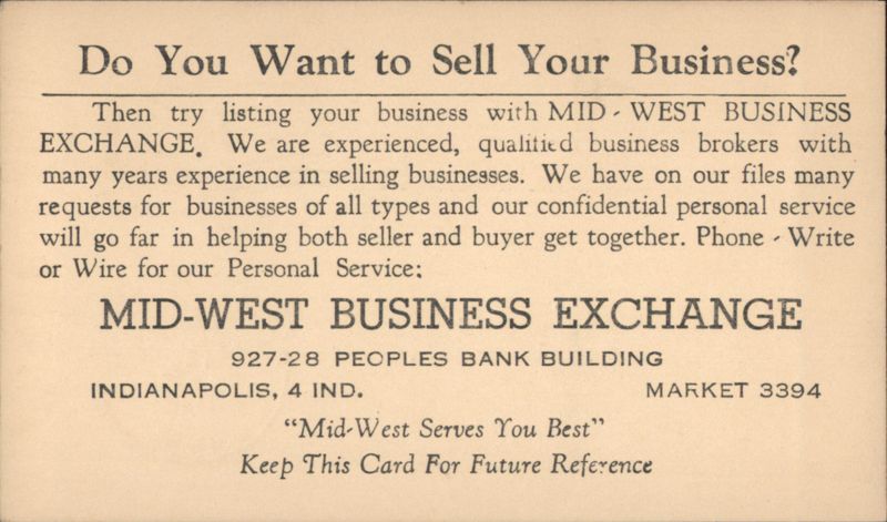 Mid-West Business Exchange Business Brokers Ad, Indianapolis, IN