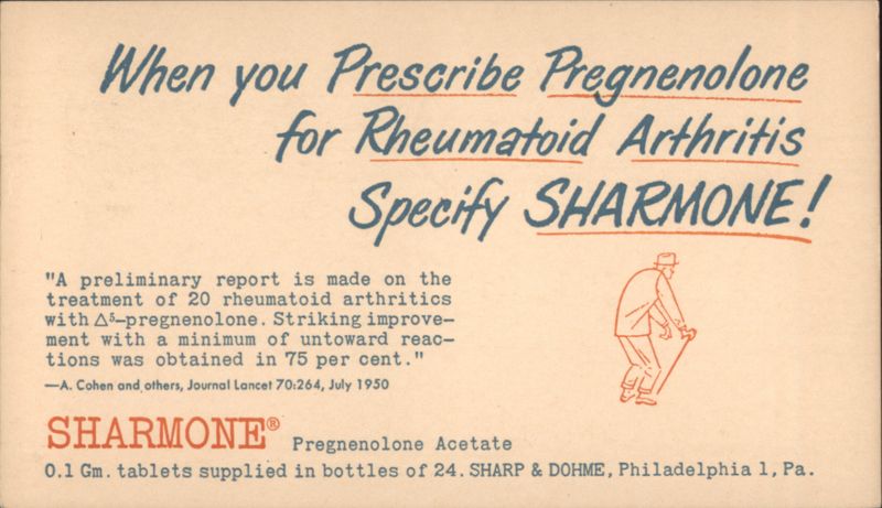 Pregnenolone for Rheumatoid Arthritis, Specify SHARMONE! Pharmaceutical Ad Philadelphia Pennsylvania