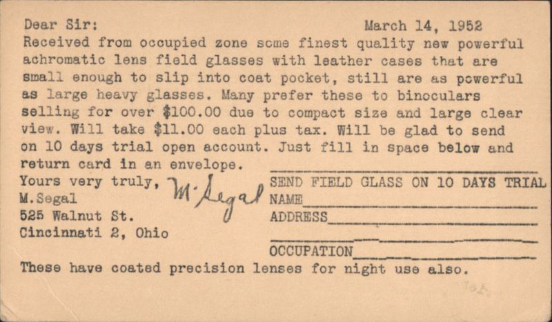 M. Segal Field Glasses from Occupied Zone, 1952 Advertisement Cincinnati Ohio