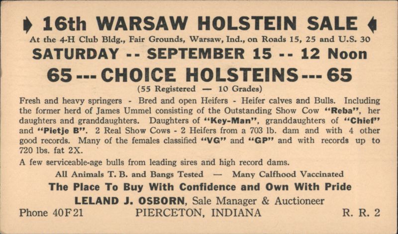 16th Warsaw Holstein Sale Advertisement, Leland J. Osborn Auctioneer Indiana