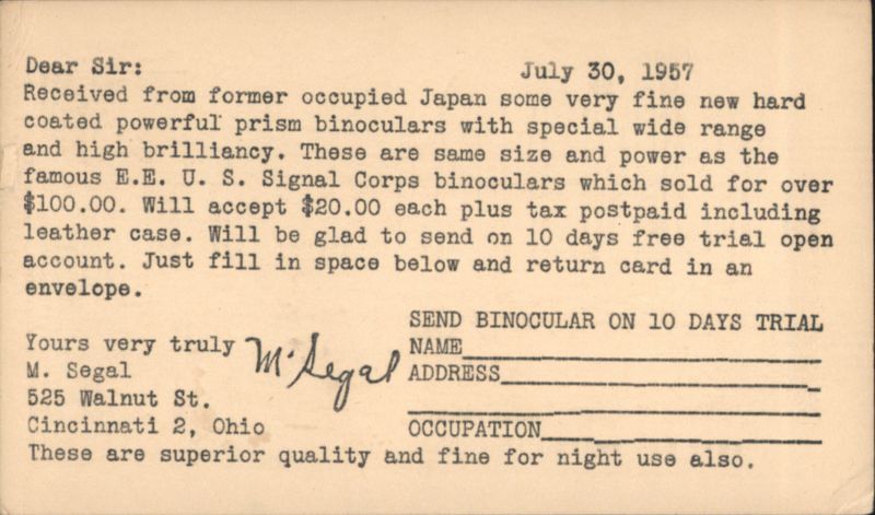 M. Segal Advertisement for Japanese Prism Binoculars, Cincinnati, Ohio