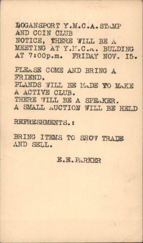 Logansport YMCA Stamp and Coin Club Meeting Notice Indiana