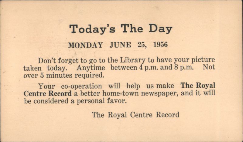 Royal Centre Record Newspaper Photo Day Announcement 1956 Indiana