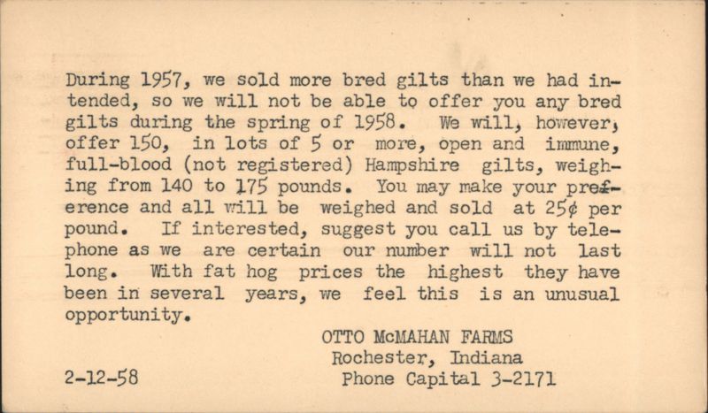Otto McMahan Farms Bred Gilts for Sale, Rochester, Indiana, Spring 1958
