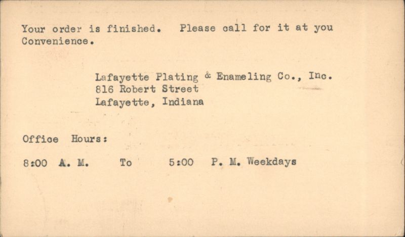 Lafayette Plating & Enameling Co. Inc. Order Finished Notification, IN Indiana