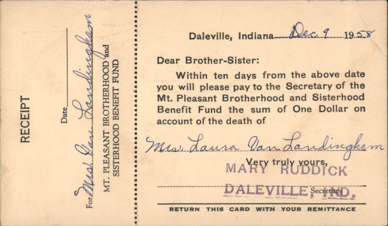 Mt. Pleasant Brotherhood & Sisterhood Benefit Fund Death Notice Daleville Indiana