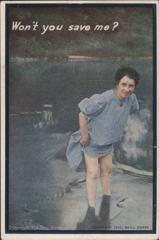 Woman in water holding skirt, 'Won't you save me?'