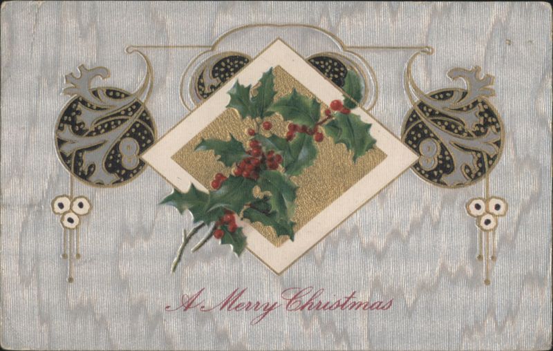 Holly Branch with Red Berries and Gold Art Nouveau Design, A Merry Christmas