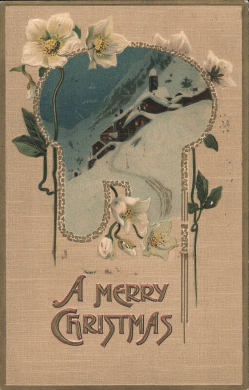 A Merry Christmas Winter Scene with Hellebore Flowers & Art Nouveau Border