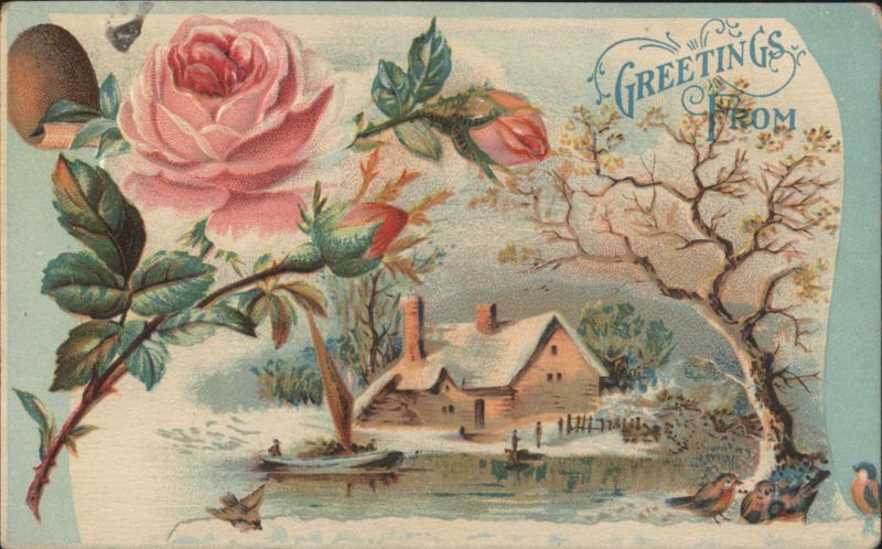 Greetings From Winter Cottage with Pink Rose and Snow Scene