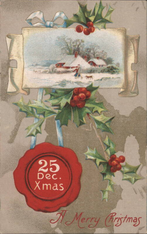 A Merry Christmas Snow Scene with Holly and Wax Seal