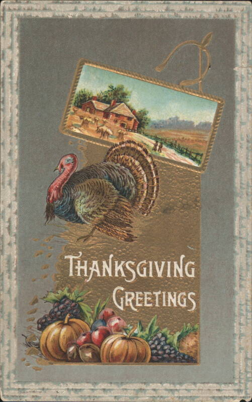 Thanksgiving Greetings with Turkey, Pumpkins, and Rural Farm Scene