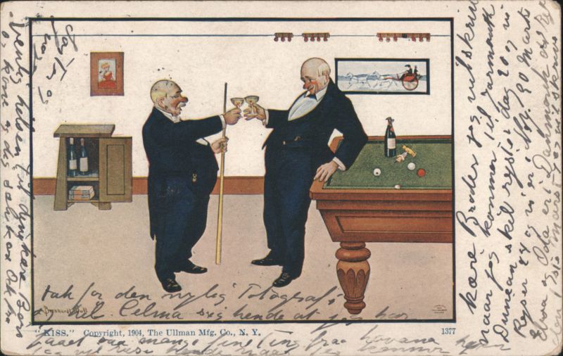 Comic Men Playing Billiards, One Offers Drink, Exaggerated Features