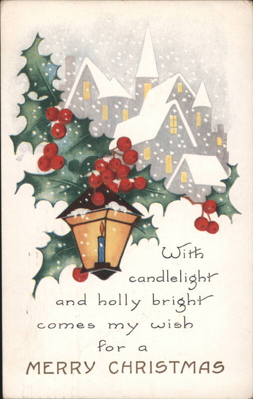 Merry Christmas Holly, Candlelight, and Snowy Village Scene