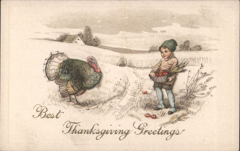 Boy with Basket of Apples and Turkey, Best Thanksgiving Greetings