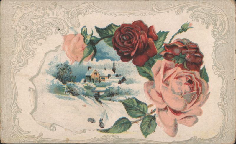 Winter Scene with House and Roses, Snow Covered Landscape
