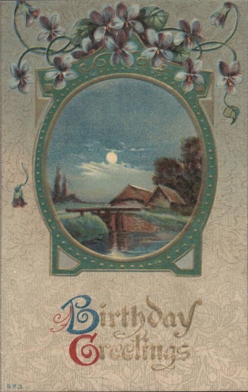 Birthday Greetings Moonlit Landscape with Violets