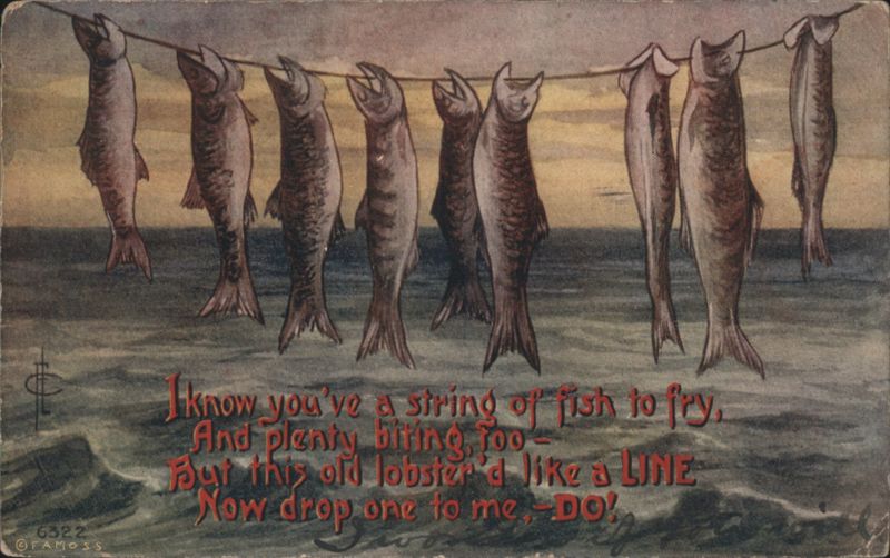 Humorous Fishing Pun Verse with String of Fish Hanging to Dry