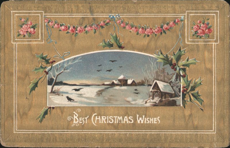 Best Christmas Wishes Winter Village Scene with Roses and Holly