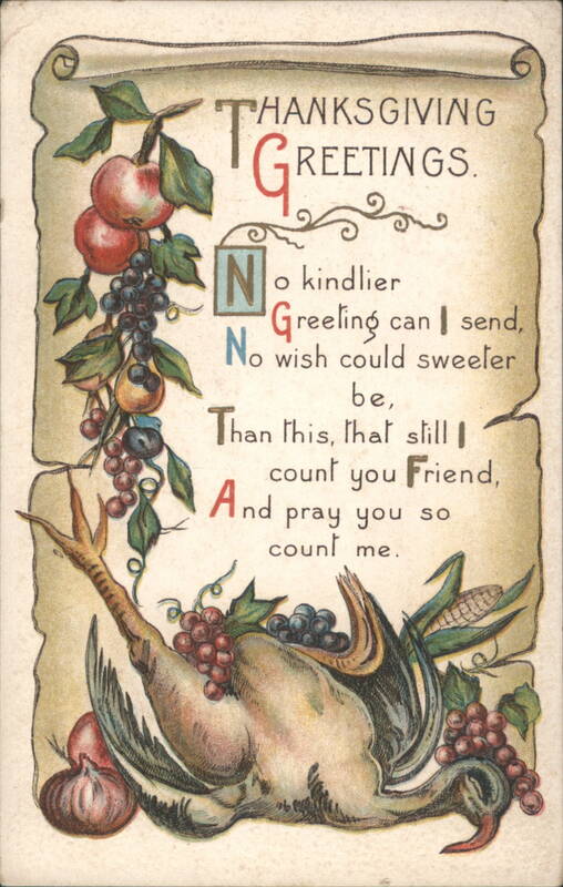 Thanksgiving Greetings with Roasted Turkey, Apples, Grapes & Corn