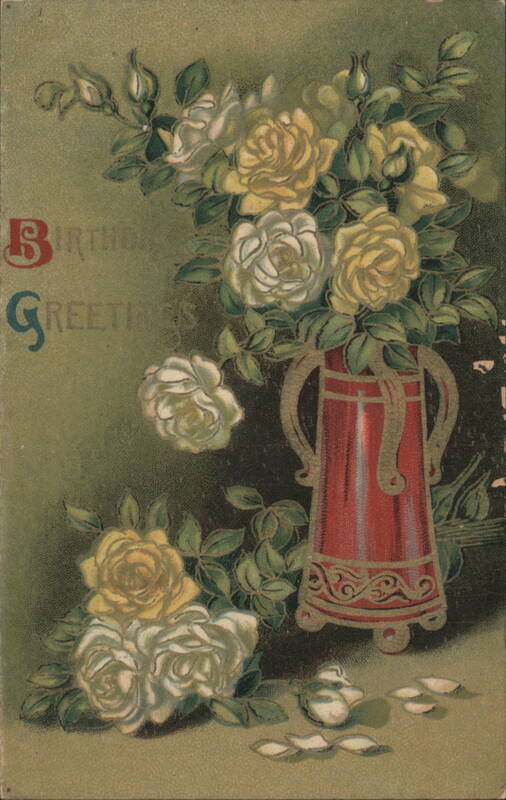 Birthday Greetings with Yellow and White Roses in Red Vase