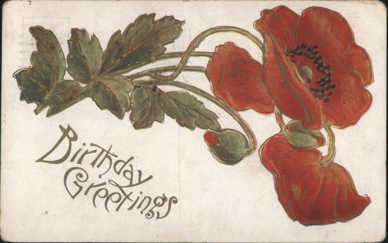 Birthday Greetings with Red Poppies, Art Nouveau Style