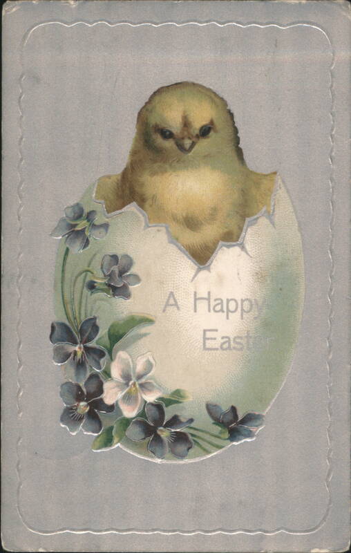 Chick Hatching from Egg with Violets, A Happy Easter Greeting