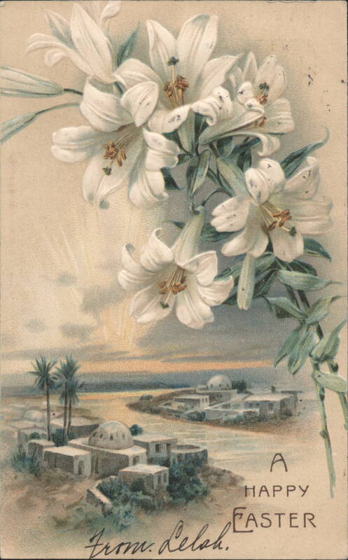 White Lilies, Palm Trees & River Landscape, A Happy Easter Greeting