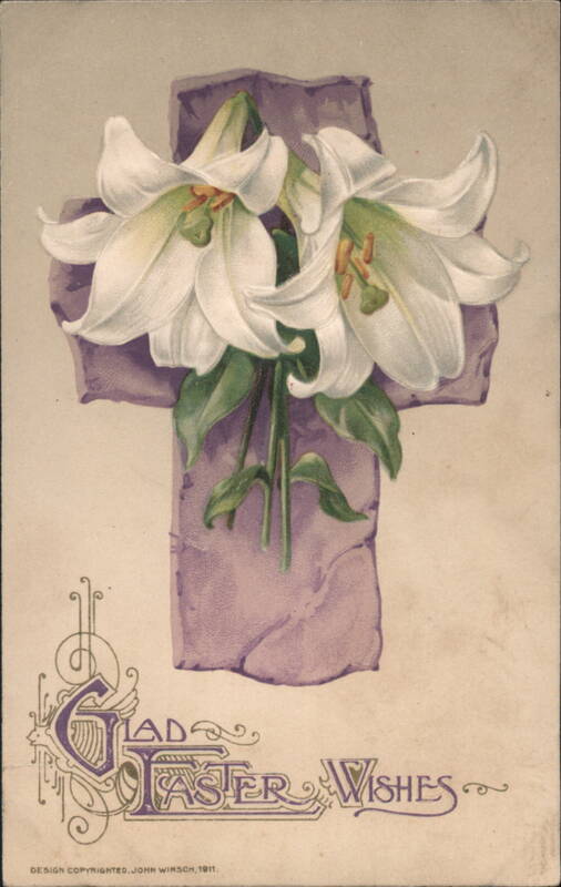 Glad Easter Wishes Lilies on Purple Cross Crosses