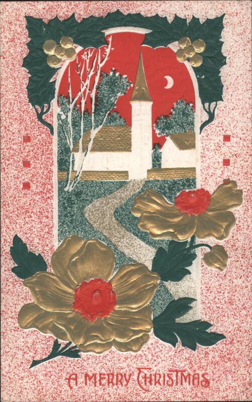 A Merry Christmas Village Scene with Holly and Golden Flowers